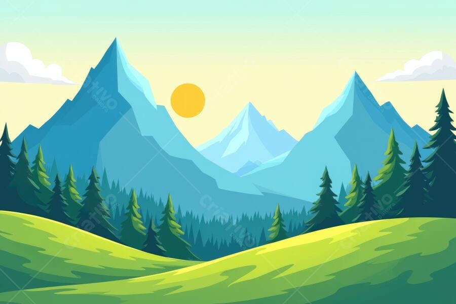 Ilustração Paisagem Montanhas Verdes Sol Nascente Desenho Vetorial