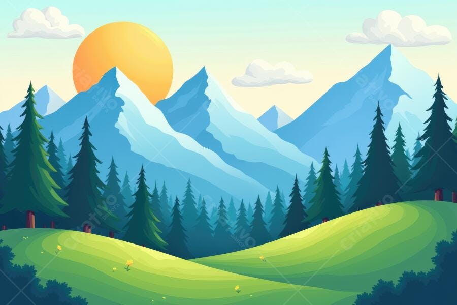 Ilustração Montanhas Nevadas Floresta Pinheiros Sol Nascente
