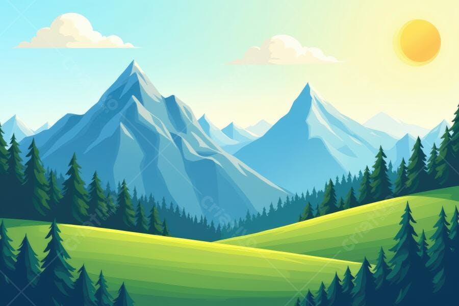 Ilustração Montanhas Verdes Picos Nevados Céu Azul Sol