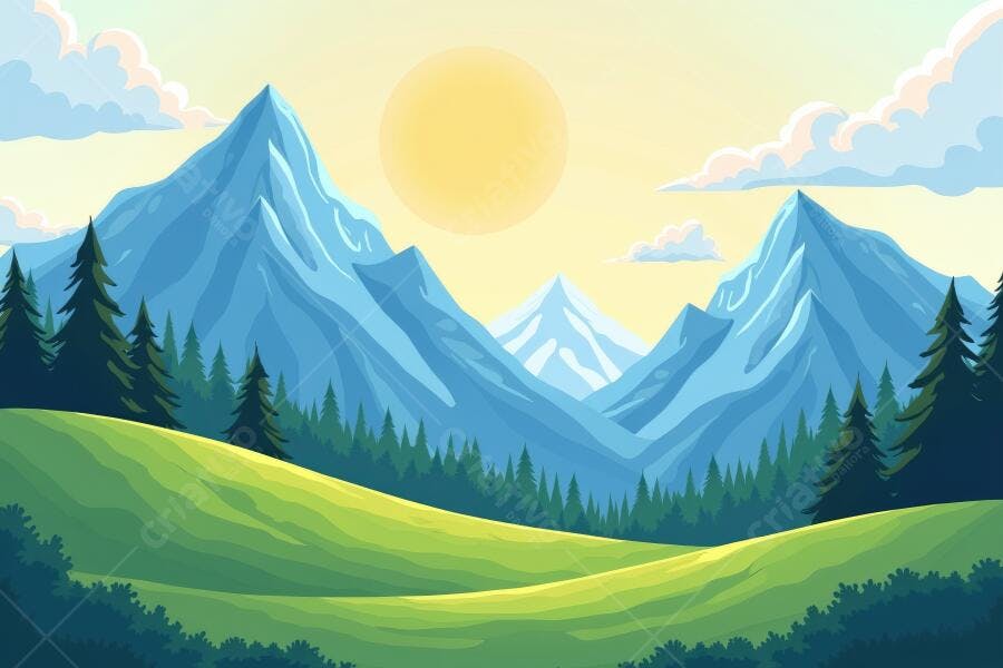 Ilustração Paisagem Montanhas Verdes Sol Nascente Desenho Vetorial