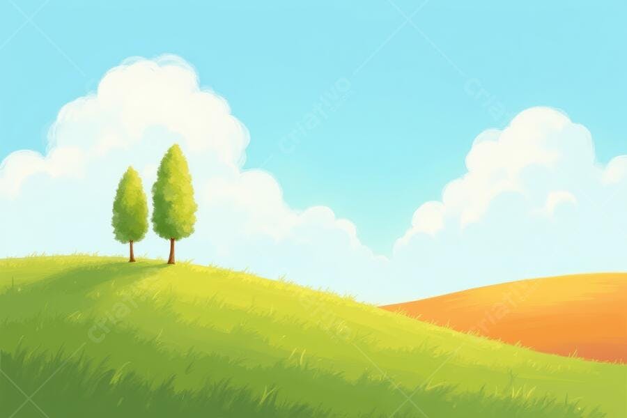 Ilustração Paisagem Campo Verde Árvores Nuvens Azuis