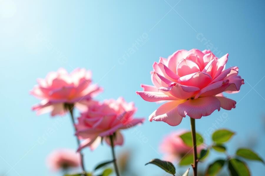 Foto Rosas Cor de Rosa Florescendo Céu Azul Brilhante
