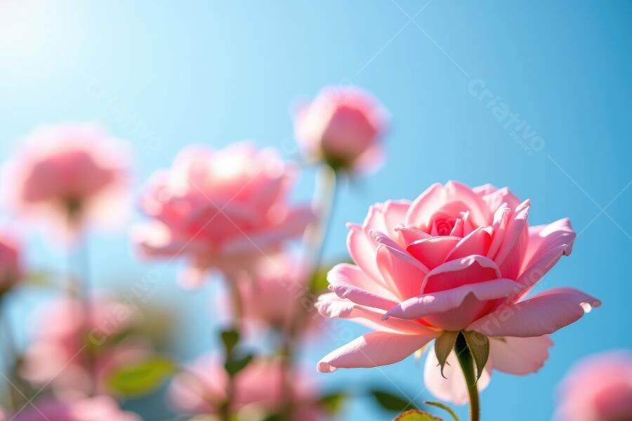 Foto Rosas Cor de Rosa Florescendo Céu Azul Natural