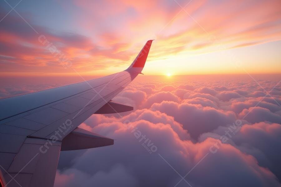 Foto Asa de Avião Voando Acima das Nuvens Pôr do Sol Dourado