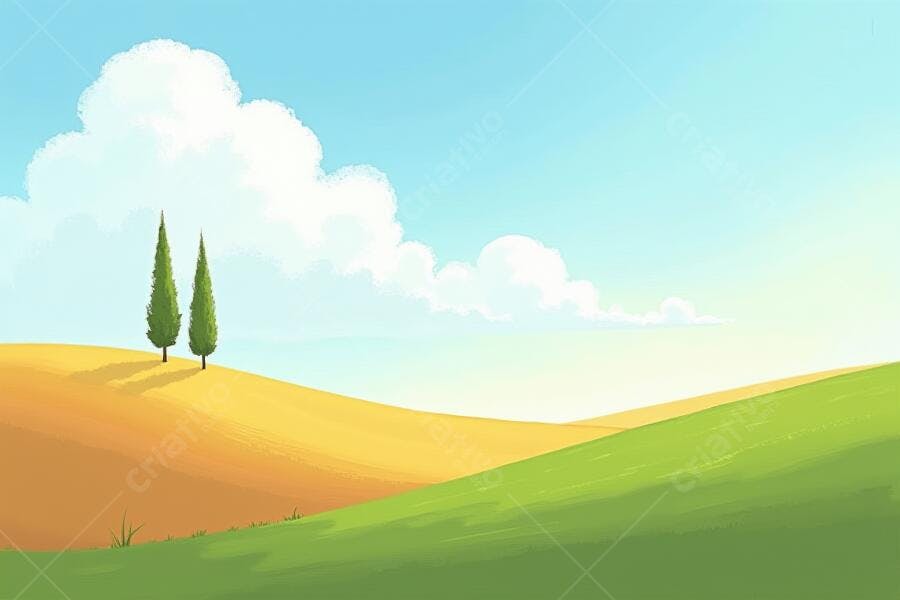 Ilustração Paisagem Rural Campo Verde Amarelo Céu Azul