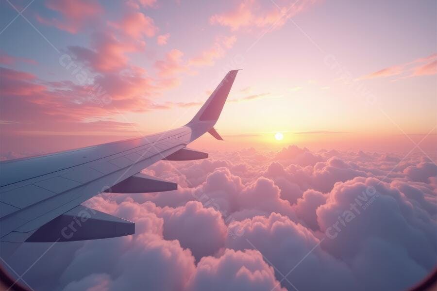 Foto Asa Avião Voo Pôr do Sol Nuvens Rosa Laranja