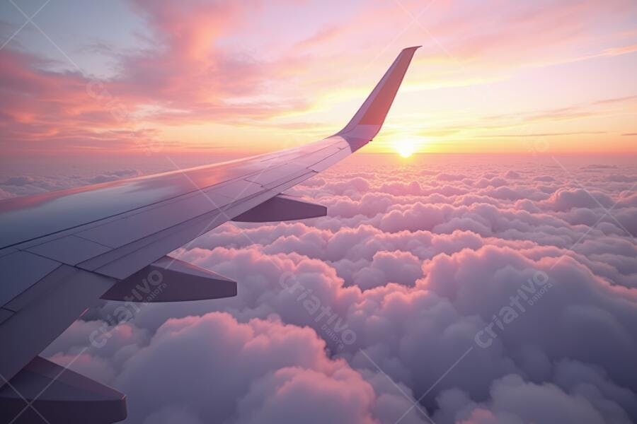 Foto Asa de Avião Voando Acima das Nuvens Pôr do Sol