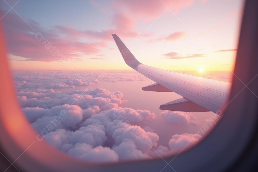 Foto Janela Avião Asas Nuvens Pôr do Sol Céu Rosa