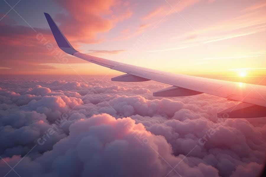 Foto Asa de Avião Voo Pôr do Sol Nuvens Rosa e Laranja