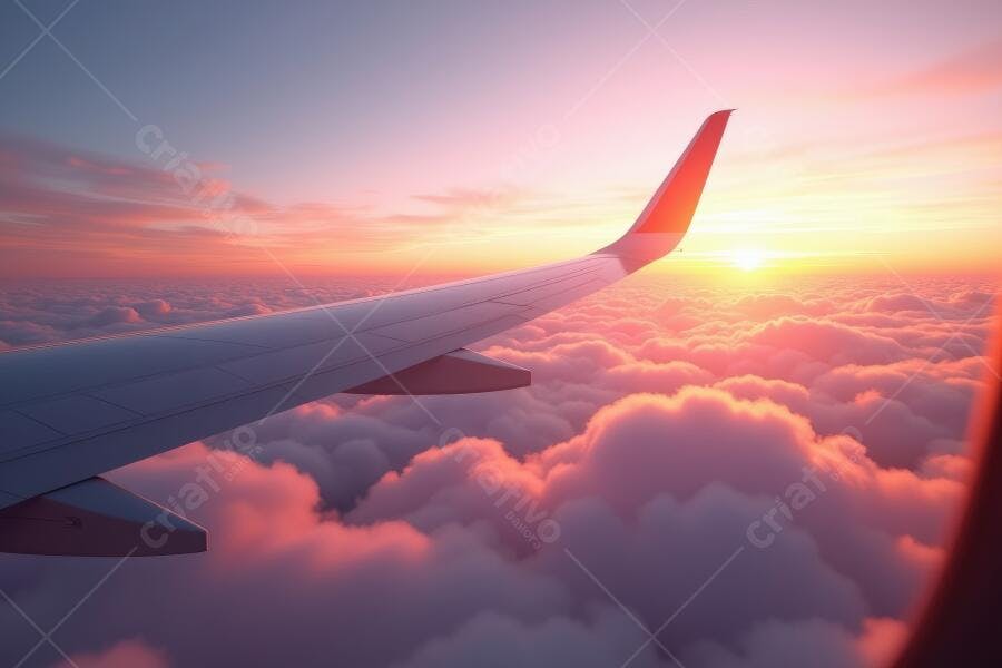 Foto Asa de Avião Voo Pôr do Sol Nuvens Douradas