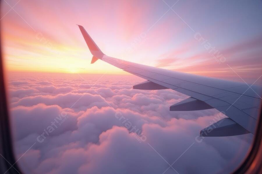 Foto Asa de Avião Voo Pôr do Sol Nuvens Rosadas