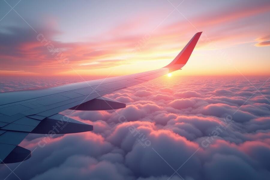 Foto Asa de Avião Voando Acima Nuvens Pôr do Sol Dourado