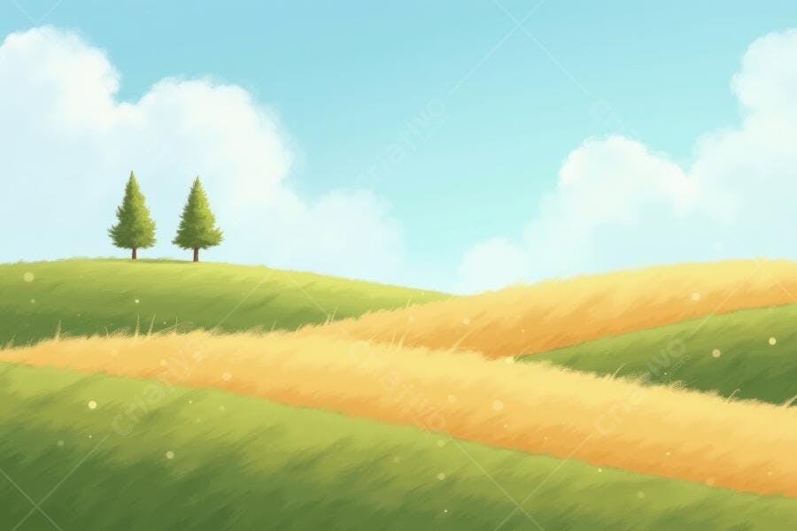 Ilustração Campo Verde Amarelo com Árvores e Céu Azul
