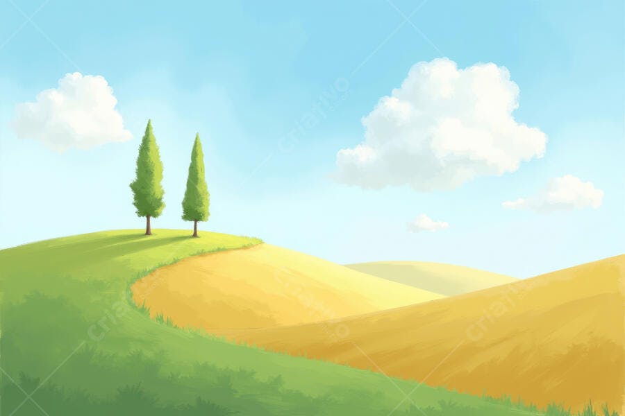 Ilustração Paisagem Toscana Campos Verdes e Amarelos Verão