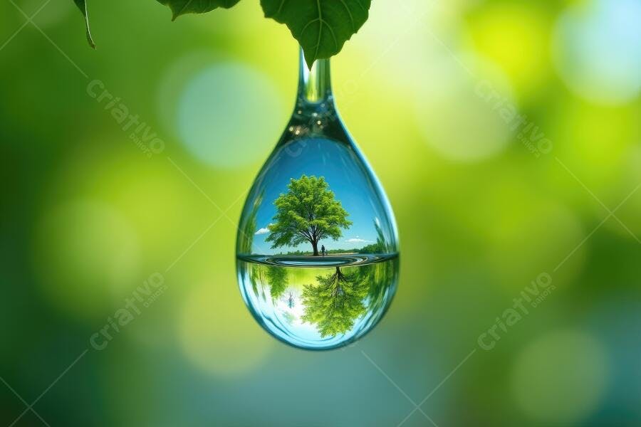 Foto Gota de Água Refletindo Árvore Verde Natureza Sustentabilidade