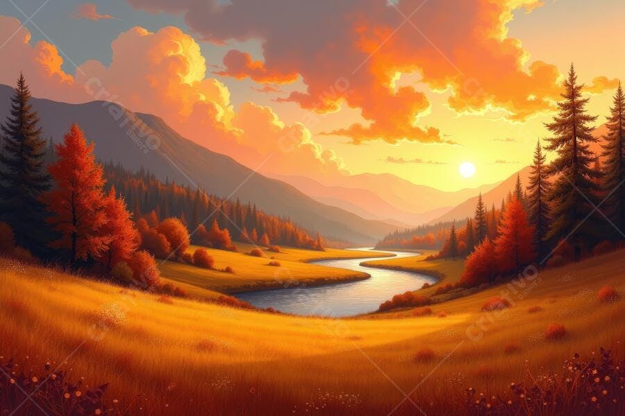 Pintura Digital Vale Rio Montanhas Pôr do Sol Outono