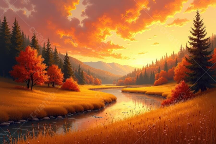 Foto Paisagem Outono Rio Montanhas Pôr do Sol Dourado
