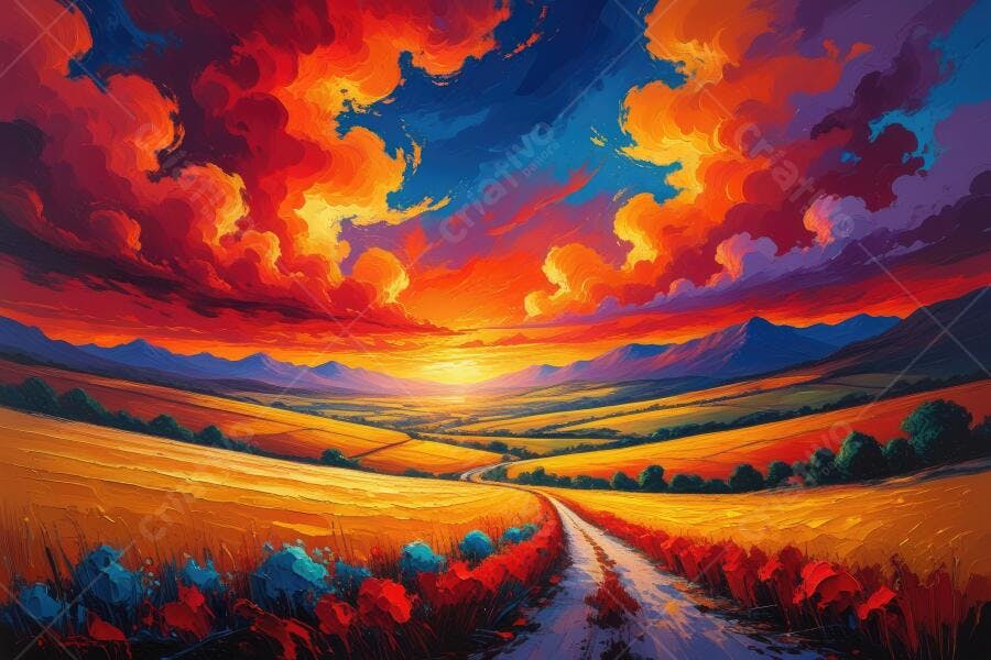 Pintura Campo de Trigo Estrada Pôr do Sol Céu Vibrante