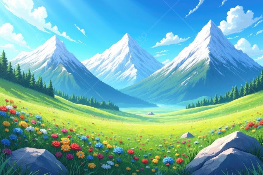 Foto Montanhas Nevadas Vale Verde Flores Coloridas Natureza