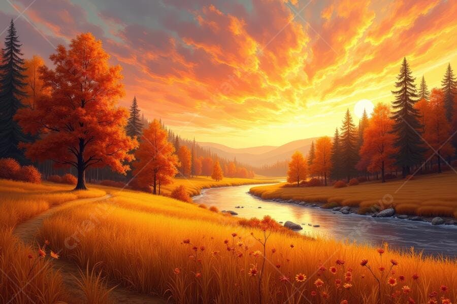 Paisagem Outono Rio Floresta Pôr do Sol Cores Vibrantes