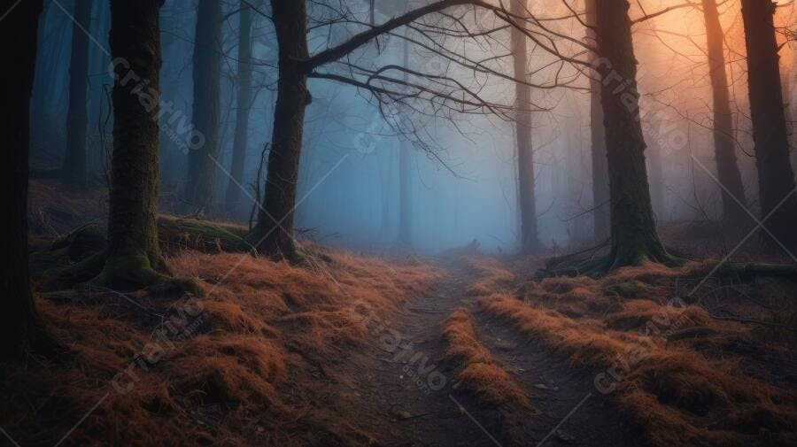 Foto Floresta Misteriosa Neblina Caminho Árvores Secas Outono