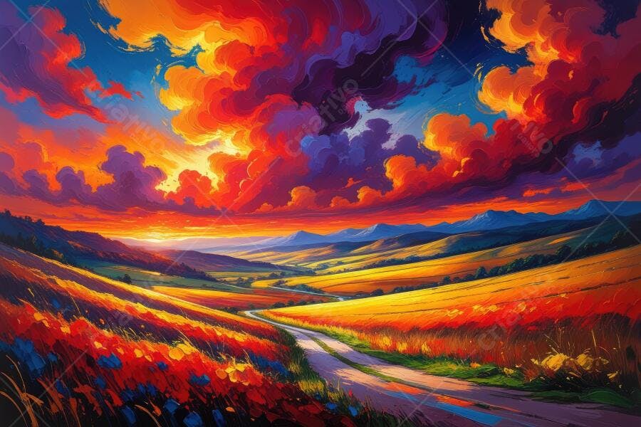 Pintura Digital Paisagem Campo Estrada Pôr do Sol Cores Vibrantes