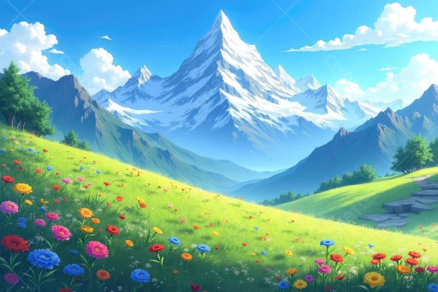Ilustração Montanha Nevada Campo Florido Céu Azul