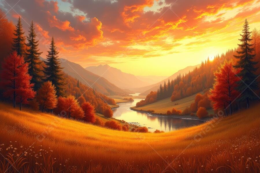 Foto Paisagem Outono Vale Rio Montanhas Pôr do Sol Dourado