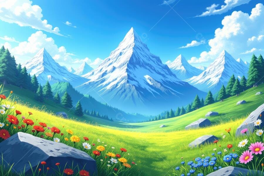 Ilustração Montanhas Nevadas Vale Verde Flores Coloridas Céu Azul