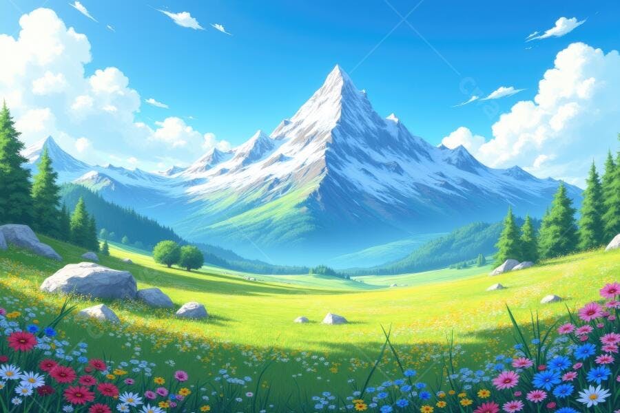 Ilustração Montanha Nevada Campo Florido Céu Azul