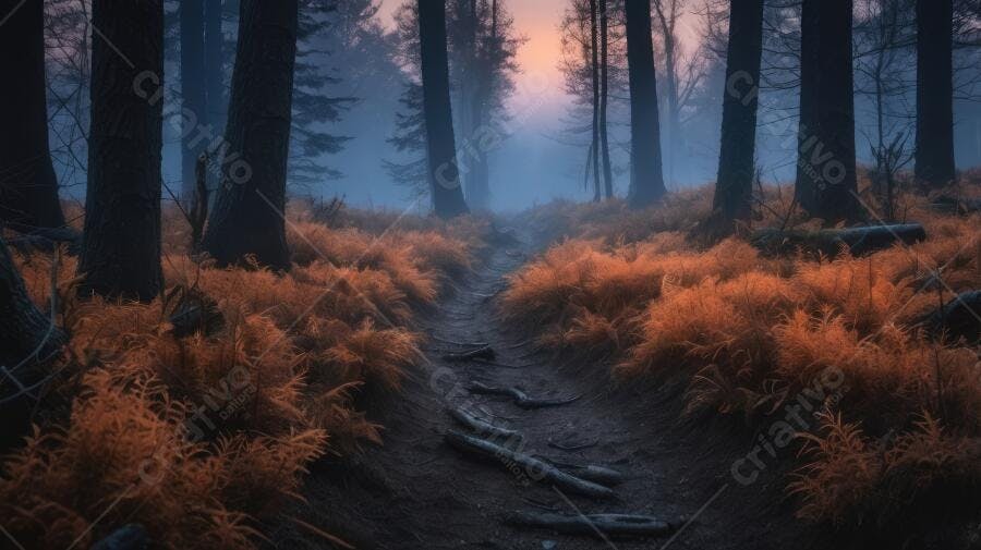 Foto Trilha Floresta Neblina Outono Entardecer