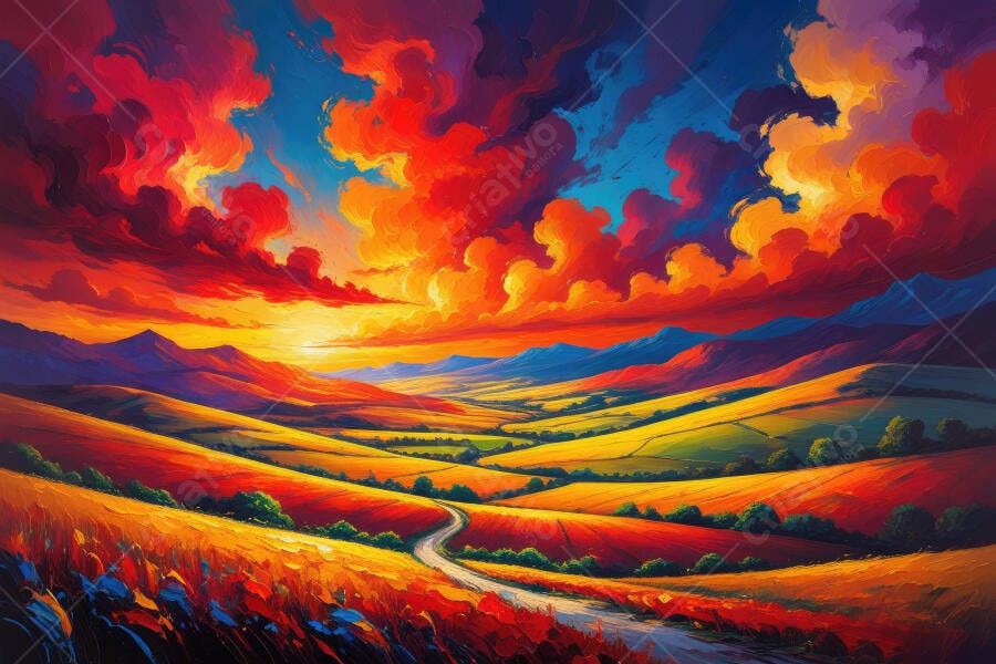 Pintura Digital Paisagem Vibrante Pôr do Sol Campos Montanhas