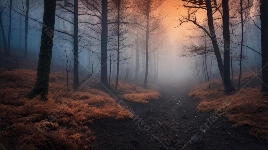 Foto Floresta Nebulosa Outono Árvores Secas Trilha Misteriosa