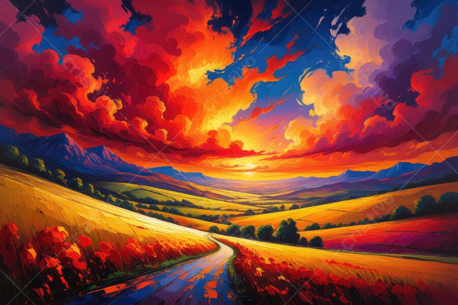 Pintura Digital Paisagem Céu Vibrante Pôr do Sol Campo Estrada