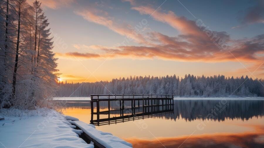 Foto Inverno Lago Congelado Píer Neve Pôr do Sol
