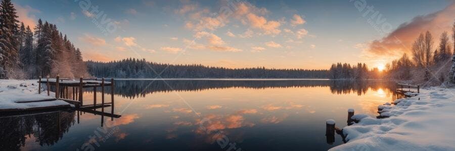 Foto Lago Congelado Inverno Amanhecer Neve Píer