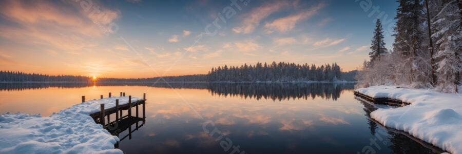 Foto Inverno Lago Neve Píer Amanhecer Céu Laranja