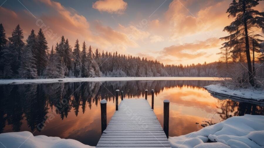 Foto Inverno Lago Congelado Píer Neve Pôr do Sol Dourado
