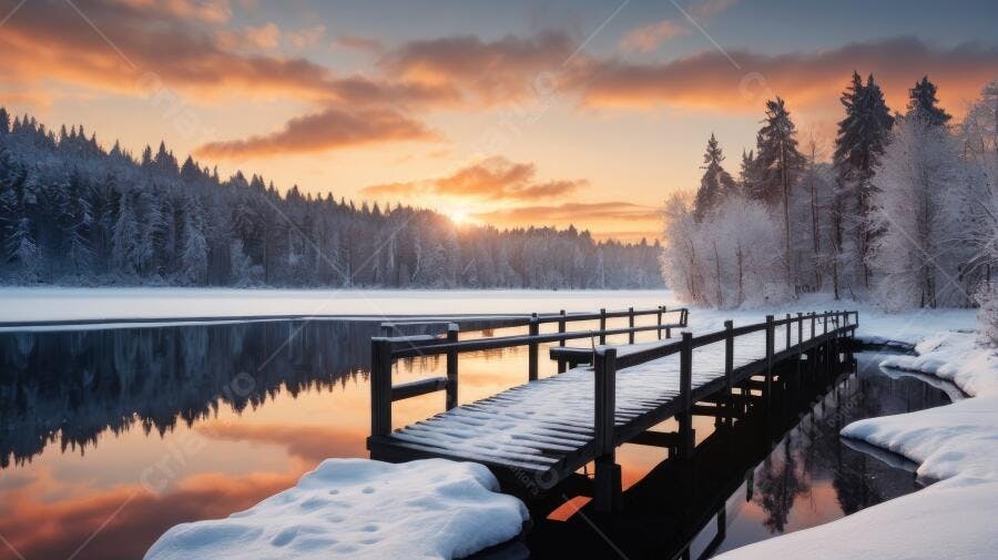 Foto Pier de Madeira Lago Congelado Pôr do Sol Inverno Nevado