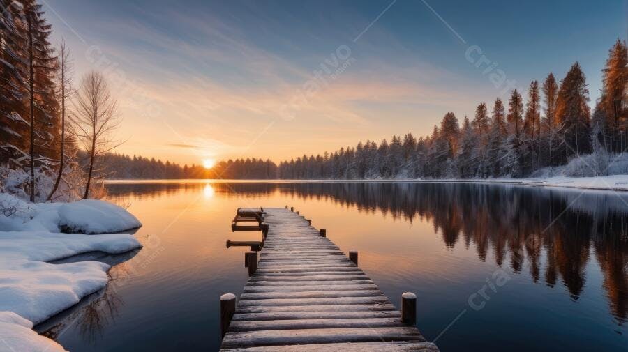 Foto Pier de Madeira Lago Congelado Pôr do Sol Inverno Neve