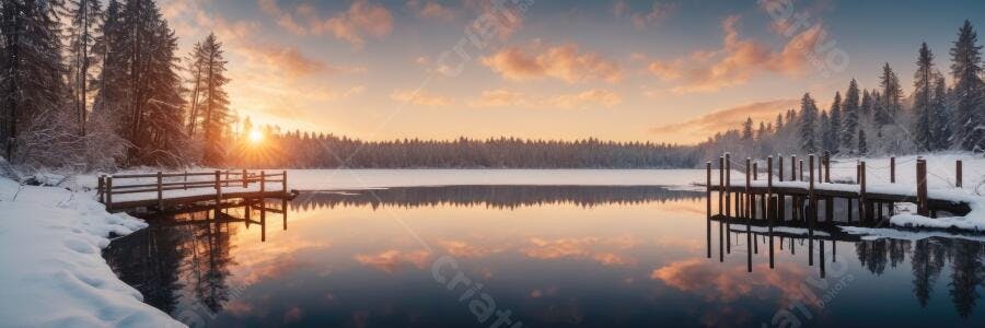 Foto Paisagem Inverno Lago Congelado Pôr do Sol Dourado