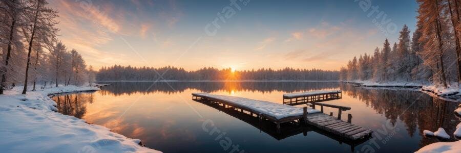 Foto Inverno Lago Congelado Píer Neve Pôr do Sol