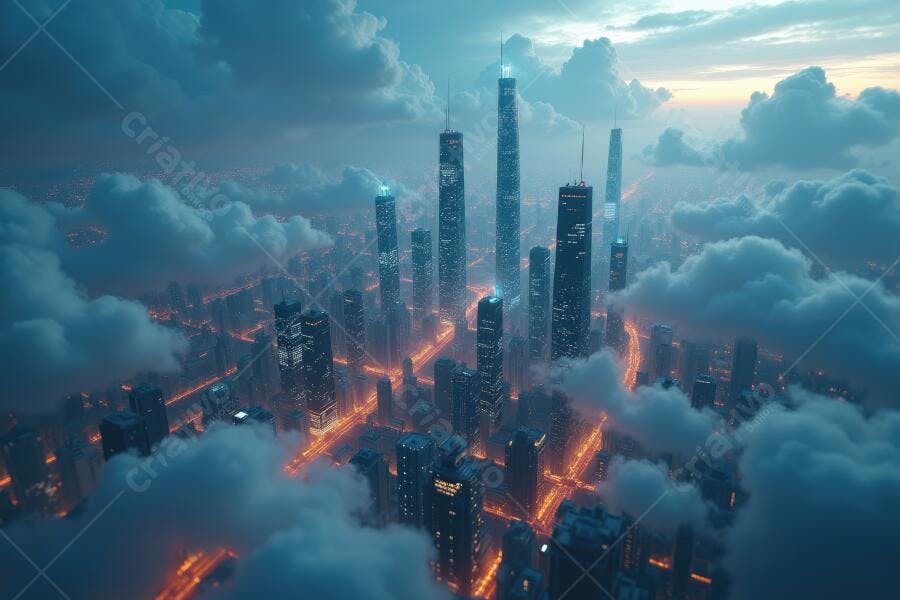 Foto Aérea Cidade Moderna Arranha-céus Nuvens Pôr do Sol