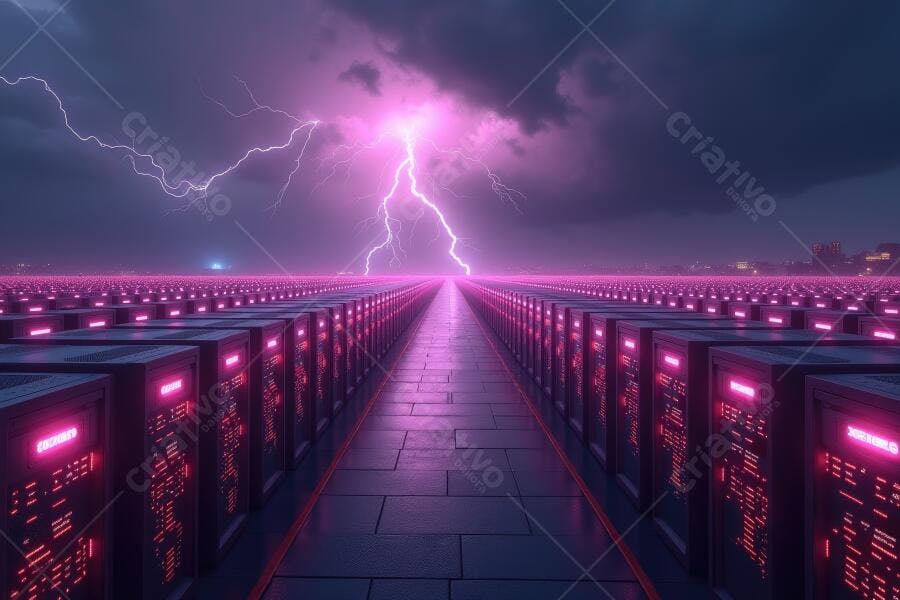 Data Center Servidores Raios Iluminação Neon Roxa