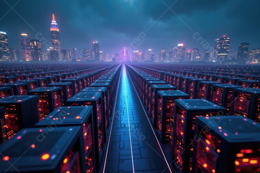 Foto Data Center Servidores Cidade Noturna Tecnologia Digital