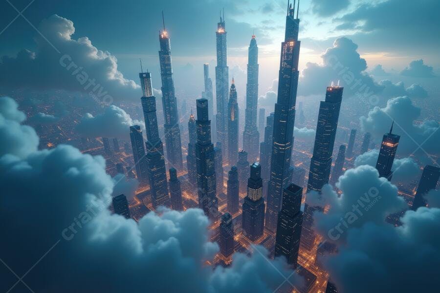 Foto Aérea Cidade Futurista Arranha-Céus Nuvens Pôr do Sol
