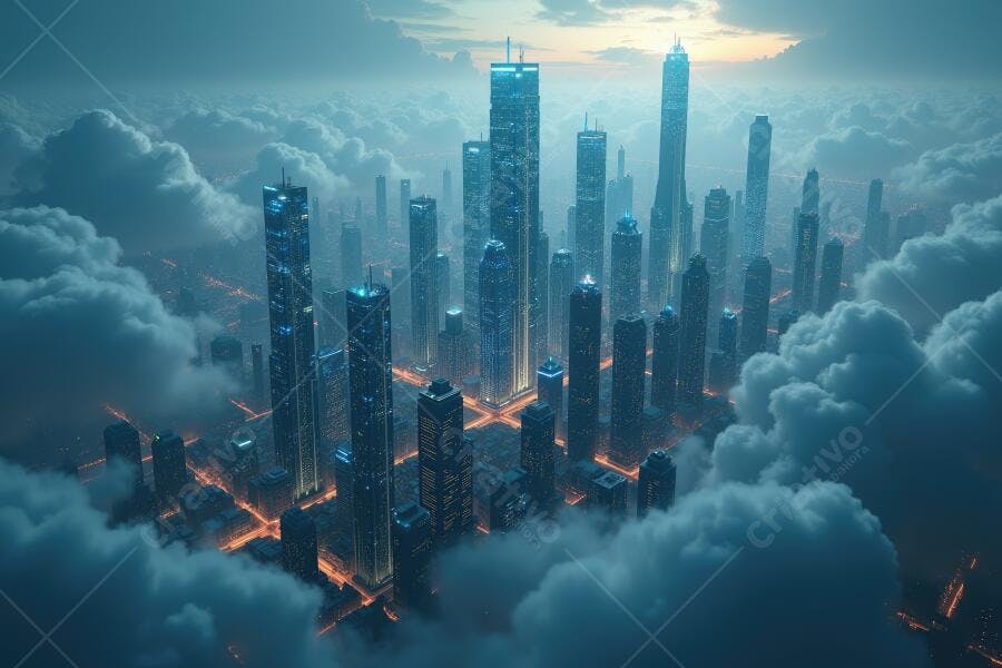 Foto Aérea Cidade Futurista Arranha-Céus Nuvens Azuis