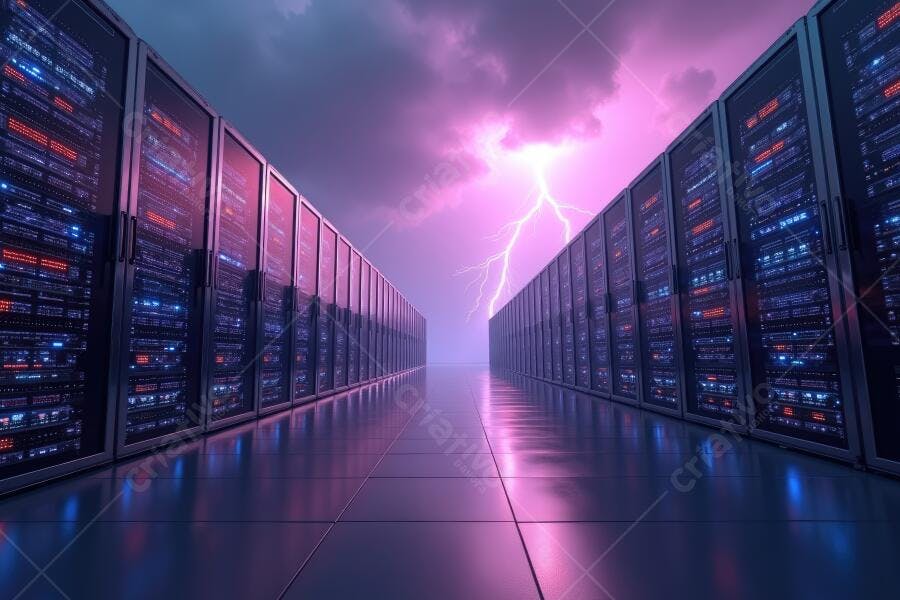 Foto Data Center Servidores Raios Céu Nublado Iluminação Roxa