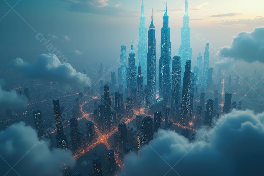 Foto Aérea Cidade Futurista Arranha-Céus Nuvens Azuis