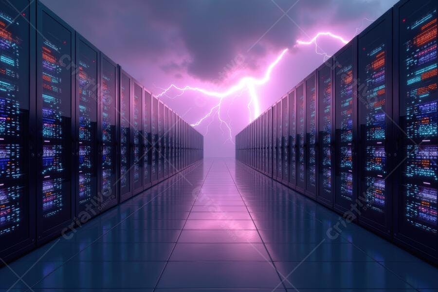 Foto Data Center Iluminado por Raio no Céu Nublado Noturno